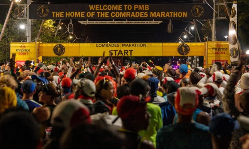 "Runners gather at the Comrades Marathon start line in Pietermaritzburg