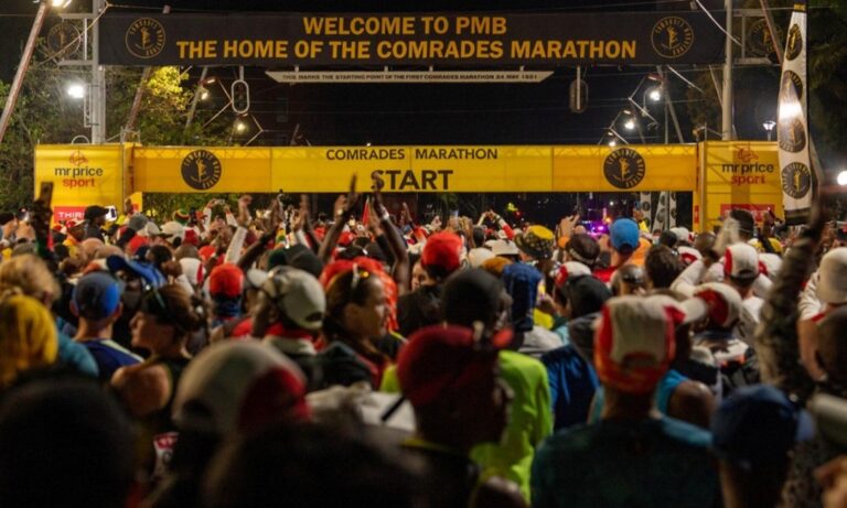 "Runners gather at the Comrades Marathon start line in Pietermaritzburg