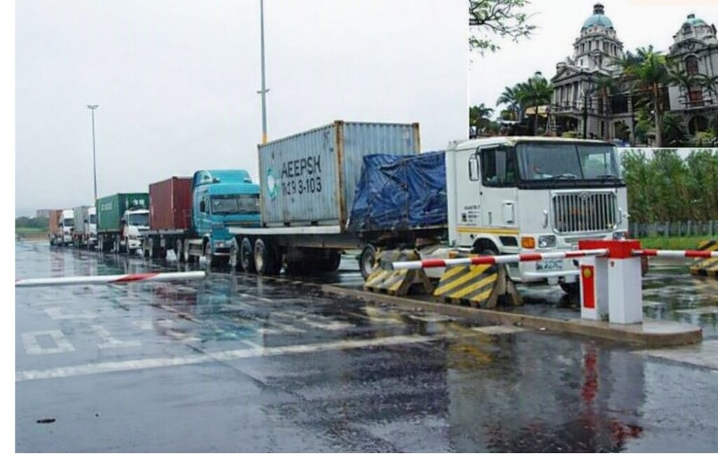 Line of trucks queued in traffic congestion in eThekwini 