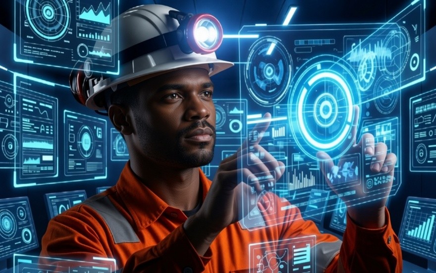 Mining engineer engaging with futuristic AI interface underground