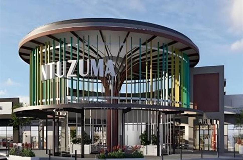 Modern circular Ntuzuma Mall structure with colorful vertical beams and signage
