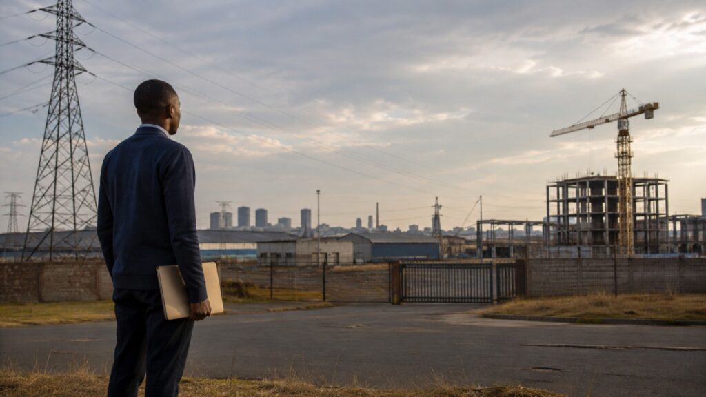 Man holding a laptop looks out over an industrial area with power pylons, a construction crane, and a city skyline in the distance