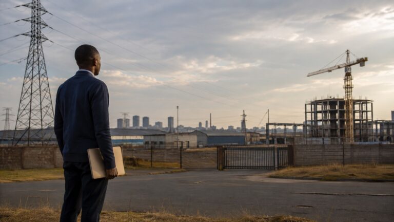 Man holding a laptop looks out over an industrial area with power pylons, a construction crane, and a city skyline in the distance