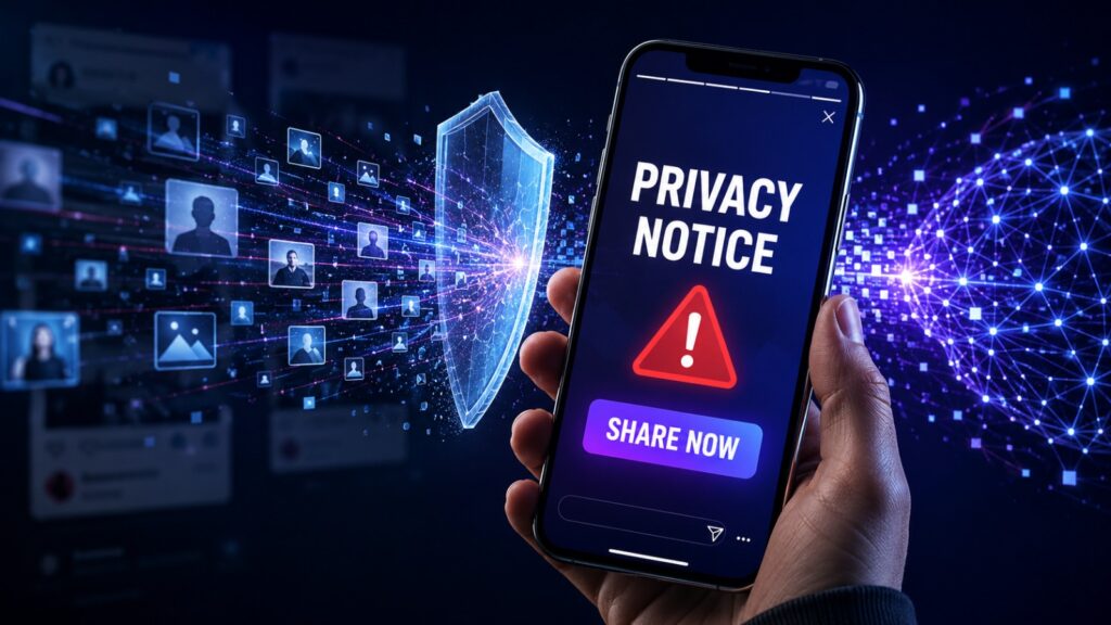 Phone displaying a fake 'Privacy Notice' with a 'Share Now' button