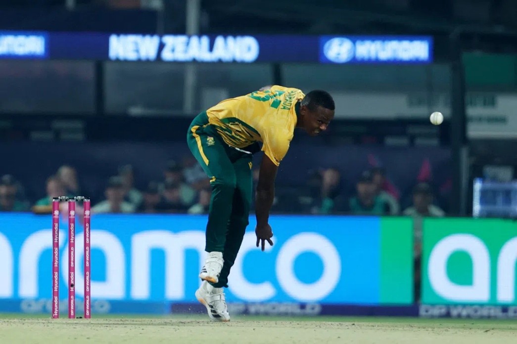 South African fast bowler Lungi Ngidi delivers a ball against New Zealand during an international cricket match